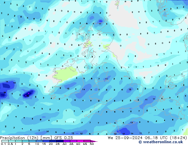 Precipitazione (12h) GFS 0.25 mer 25.09.2024 18 UTC