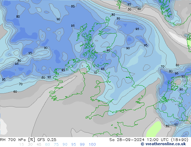 RH 700 hPa GFS 0.25 Sáb 28.09.2024 12 UTC