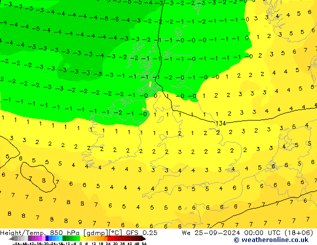 Z500/Rain (+SLP)/Z850 GFS 0.25 St 25.09.2024 00 UTC