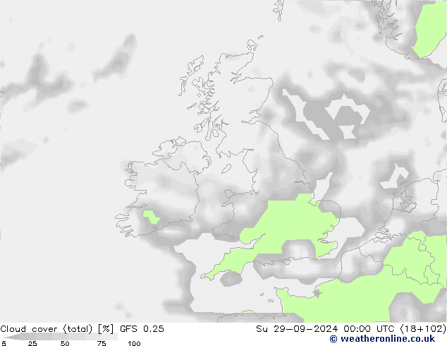 Cloud cover (total) GFS 0.25 Su 29.09.2024 00 UTC