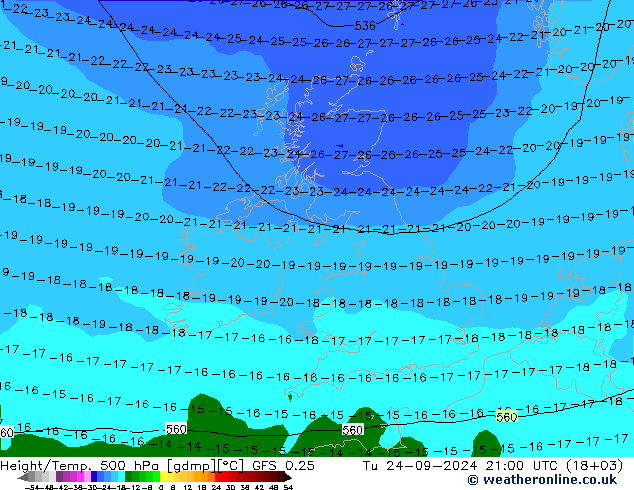 Z500/Rain (+SLP)/Z850 GFS 0.25  24.09.2024 21 UTC