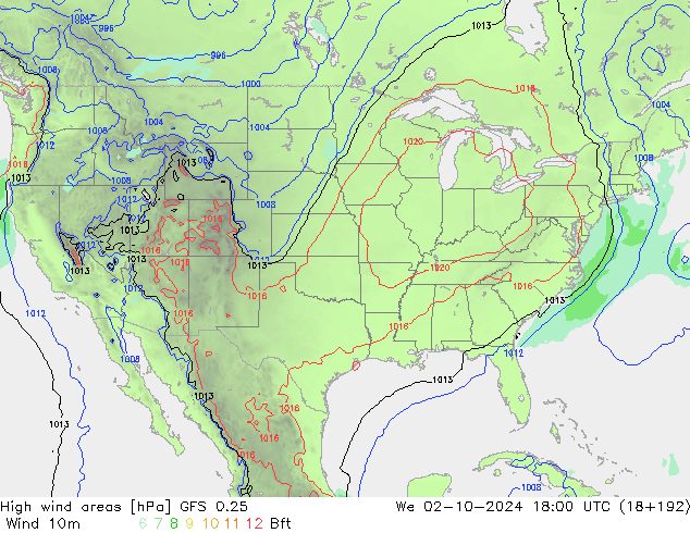 yüksek rüzgarlı alanlar GFS 0.25 Çar 02.10.2024 18 UTC