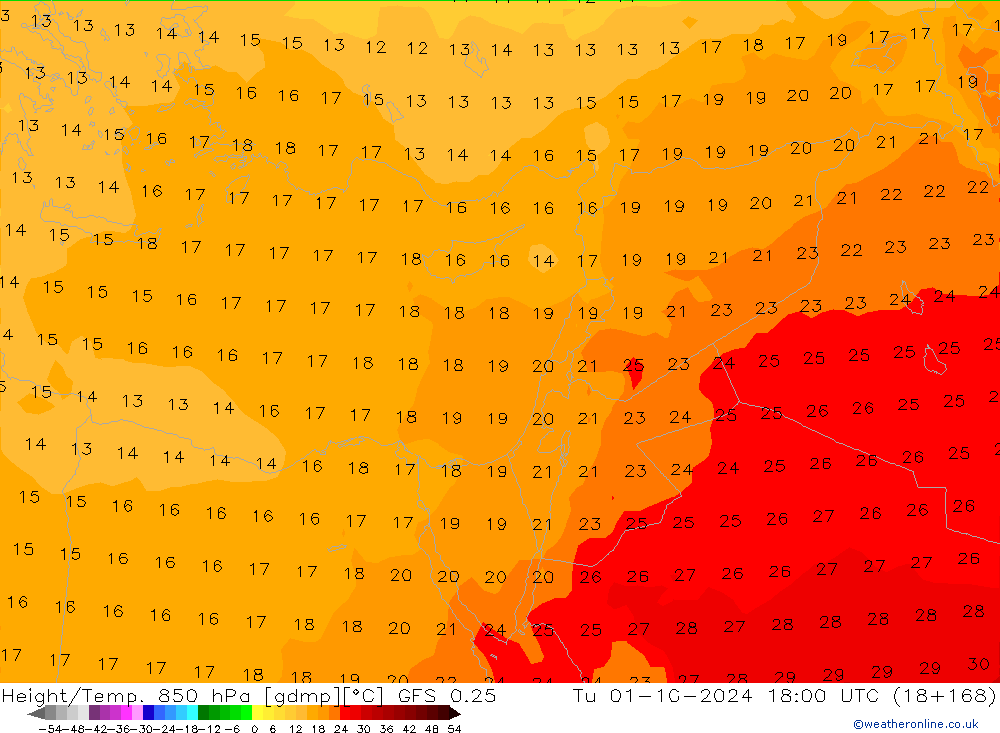 Height/Temp. 850 hPa GFS 0.25 Tu 01.10.2024 18 UTC