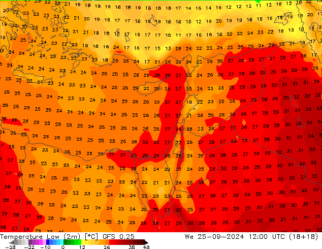 temperatura mín. (2m) GFS 0.25 Qua 25.09.2024 12 UTC