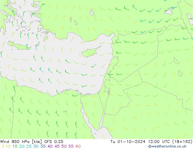 Wind 850 hPa GFS 0.25 Di 01.10.2024 12 UTC