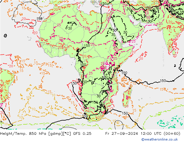 Z500/Rain (+SLP)/Z850 GFS 0.25 Sex 27.09.2024 12 UTC