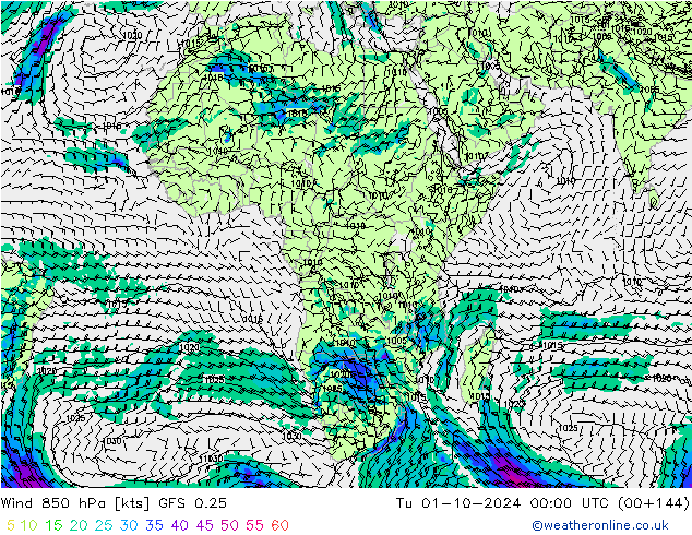 Wind 850 hPa GFS 0.25 Tu 01.10.2024 00 UTC