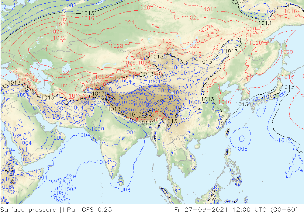 Luchtdruk (Grond) GFS 0.25 vr 27.09.2024 12 UTC