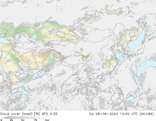 Cloud cover (total) GFS 0.25 So 28.09.2024 12 UTC