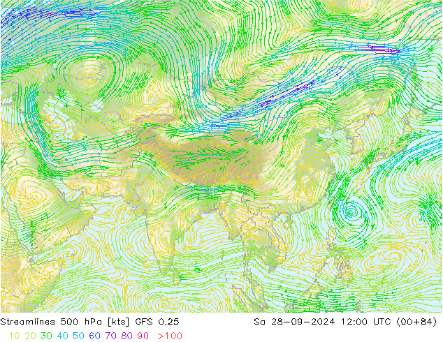 Ligne de courant 500 hPa GFS 0.25 sam 28.09.2024 12 UTC