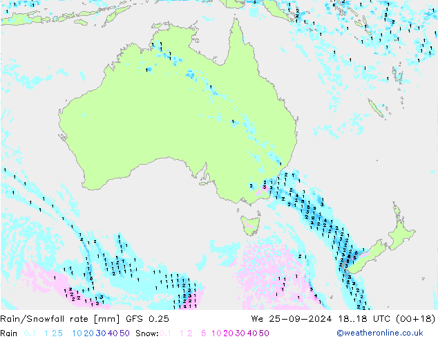 Rain/Snowfall rate GFS 0.25 ср 25.09.2024 18 UTC