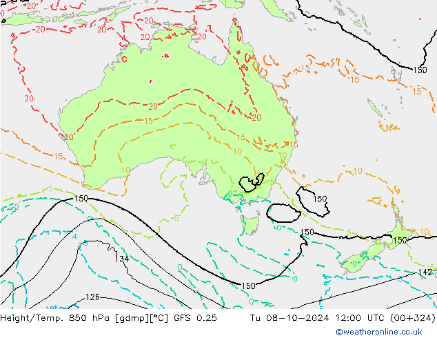 Height/Temp. 850 hPa GFS 0.25 Út 08.10.2024 12 UTC