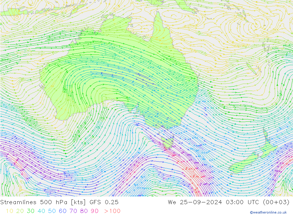 Streamlines 500 hPa GFS 0.25 We 25.09.2024 03 UTC