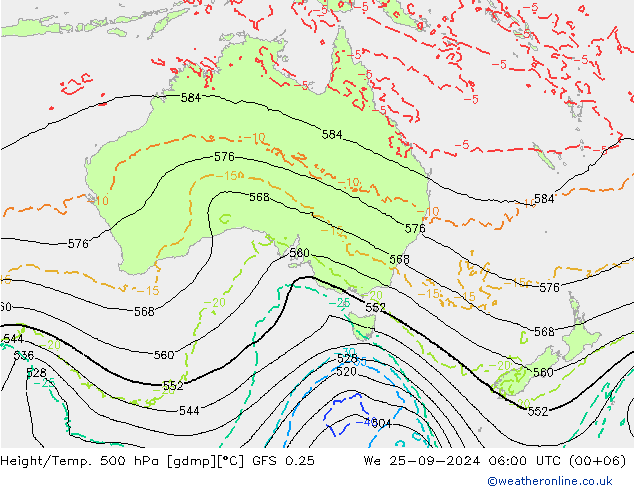 Z500/Rain (+SLP)/Z850 GFS 0.25 Qua 25.09.2024 06 UTC