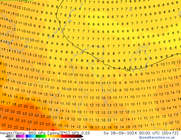 Height/Temp. 850 hPa GFS 0.25 sab 28.09.2024 00 UTC