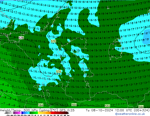 Z500/Yağmur (+YB)/Z850 GFS 0.25 Sa 08.10.2024 12 UTC