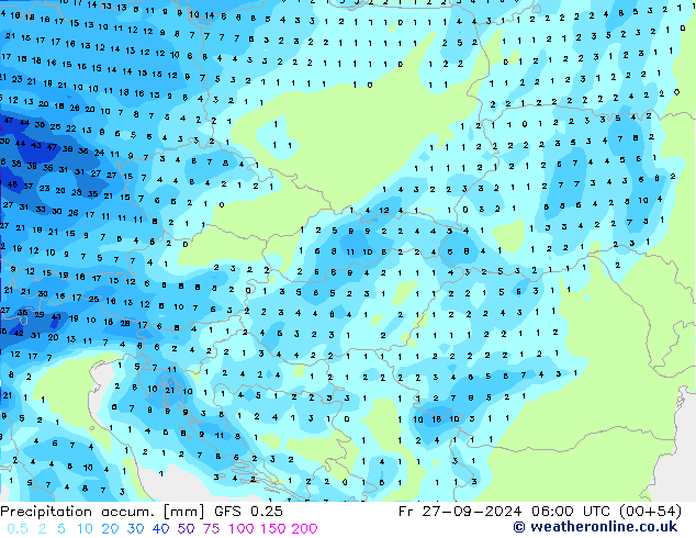 Precipitación acum. GFS 0.25 vie 27.09.2024 06 UTC