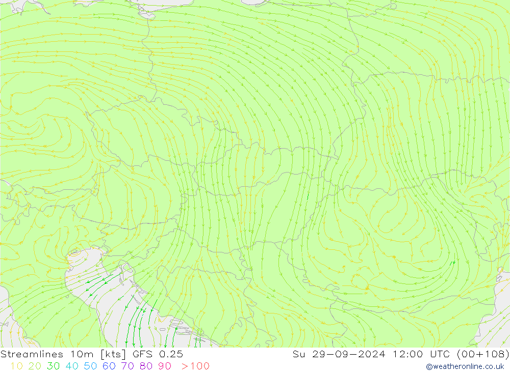 Linea di flusso 10m GFS 0.25 dom 29.09.2024 12 UTC