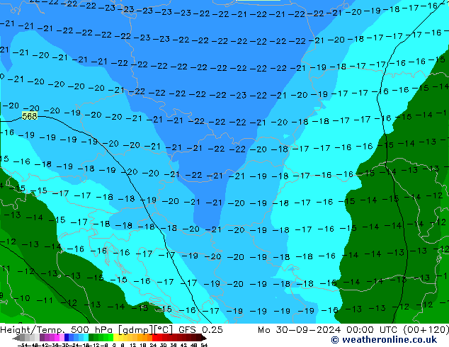 Z500/Yağmur (+YB)/Z850 GFS 0.25 Pzt 30.09.2024 00 UTC