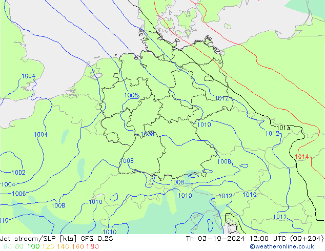 Corriente en chorro GFS 0.25 jue 03.10.2024 12 UTC