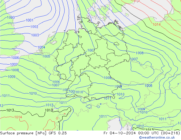 Presión superficial GFS 0.25 vie 04.10.2024 00 UTC