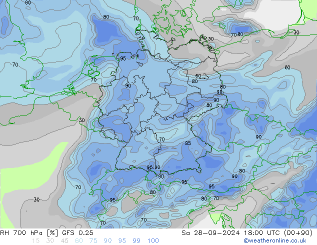 RH 700 hPa GFS 0.25 Sáb 28.09.2024 18 UTC