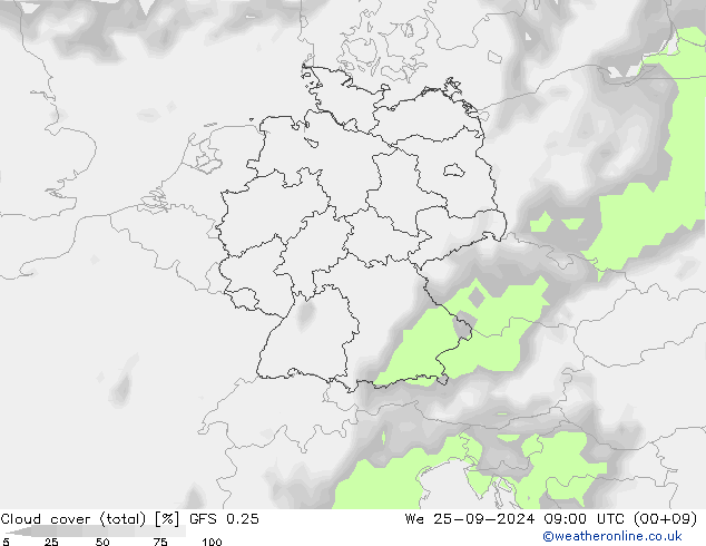 Nubi (totali) GFS 0.25 mer 25.09.2024 09 UTC