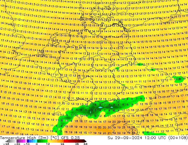 Temperatura máx. (2m) GFS 0.25 dom 29.09.2024 12 UTC