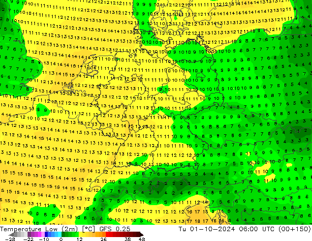 Temperatura mín. (2m) GFS 0.25 mar 01.10.2024 06 UTC