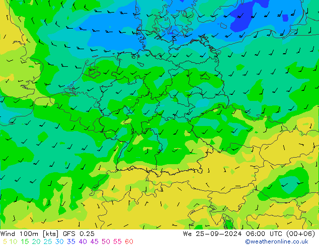 Wind 100m GFS 0.25 wo 25.09.2024 06 UTC