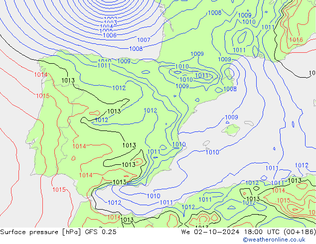 Surface pressure GFS 0.25 We 02.10.2024 18 UTC