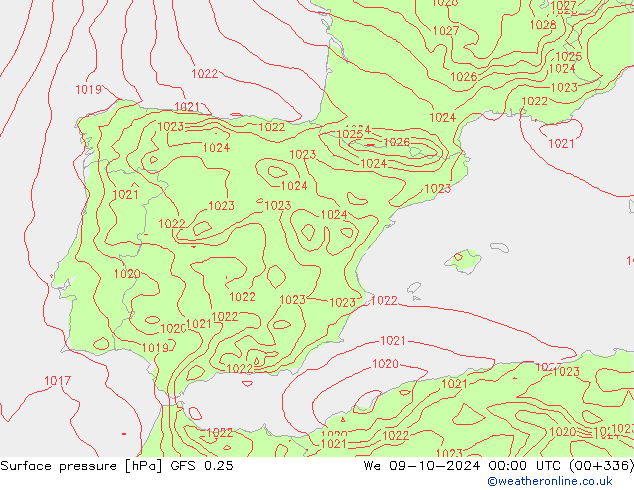 Luchtdruk (Grond) GFS 0.25 wo 09.10.2024 00 UTC