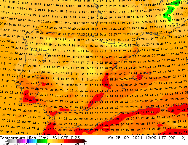 Temperature High (2m) GFS 0.25 We 25.09.2024 12 UTC