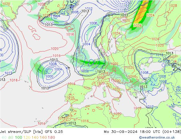 джет/приземное давление GFS 0.25 пн 30.09.2024 18 UTC