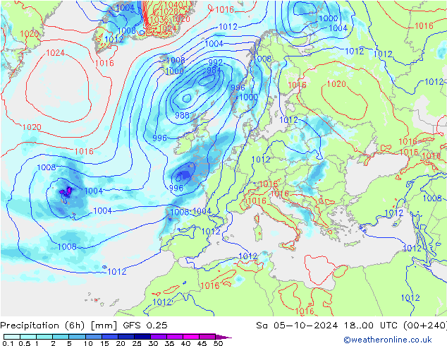 Totale neerslag (6h) GFS 0.25 za 05.10.2024 00 UTC