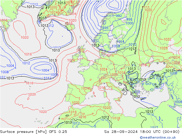 Presión superficial GFS 0.25 sáb 28.09.2024 18 UTC