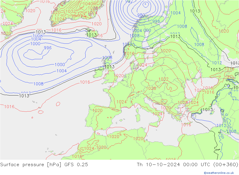 Atmosférický tlak GFS 0.25 Čt 10.10.2024 00 UTC