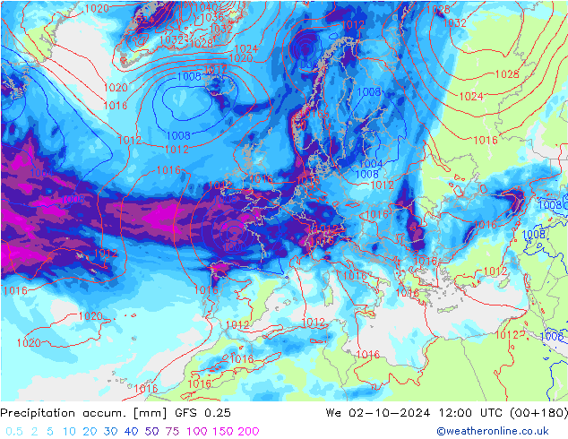 Precipitation accum. GFS 0.25 We 02.10.2024 12 UTC