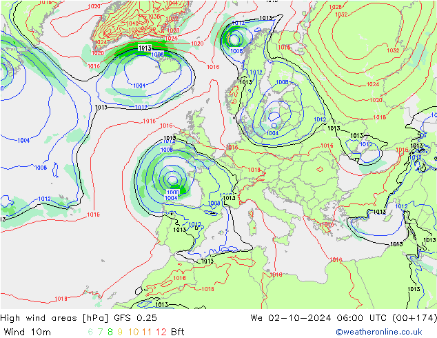 High wind areas GFS 0.25 We 02.10.2024 06 UTC