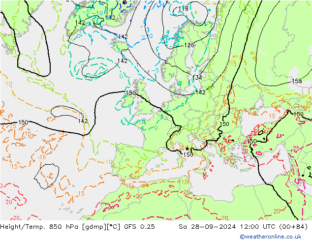 Height/Temp. 850 hPa GFS 0.25 Sa 28.09.2024 12 UTC