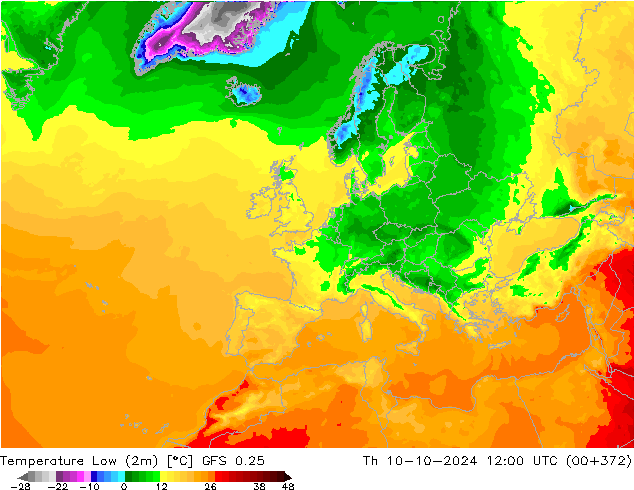 Tiefstwerte (2m) GFS 0.25 Do 10.10.2024 12 UTC