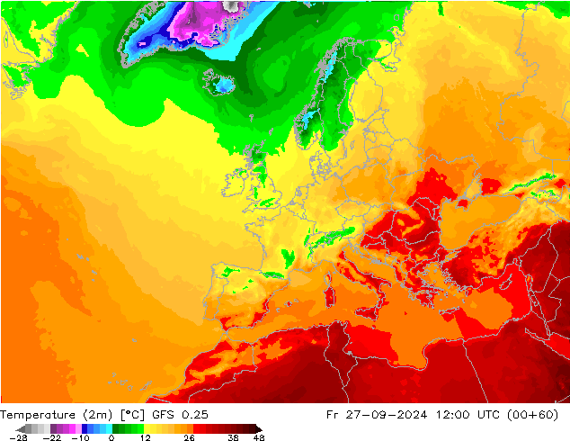 карта температуры GFS 0.25 пт 27.09.2024 12 UTC