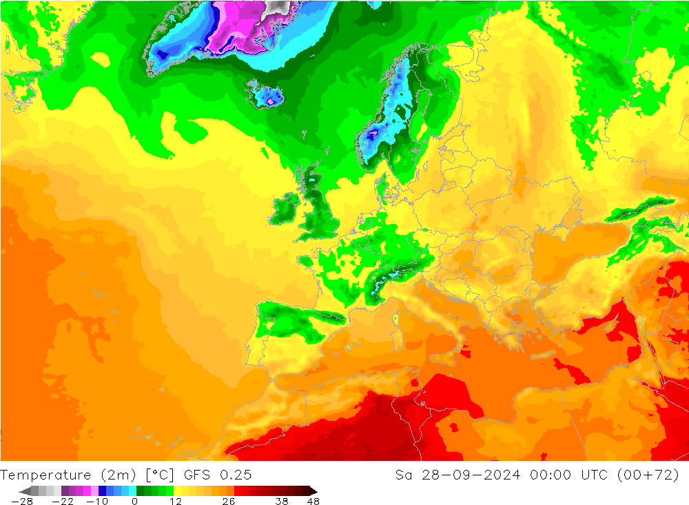 карта температуры GFS 0.25 сб 28.09.2024 00 UTC