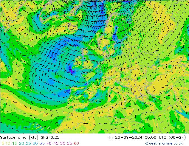 Surface wind GFS 0.25 Čt 26.09.2024 00 UTC