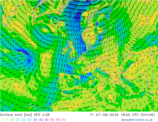 Viento 10 m GFS 0.25 vie 27.09.2024 18 UTC