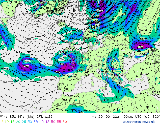 Vento 850 hPa GFS 0.25 lun 30.09.2024 00 UTC