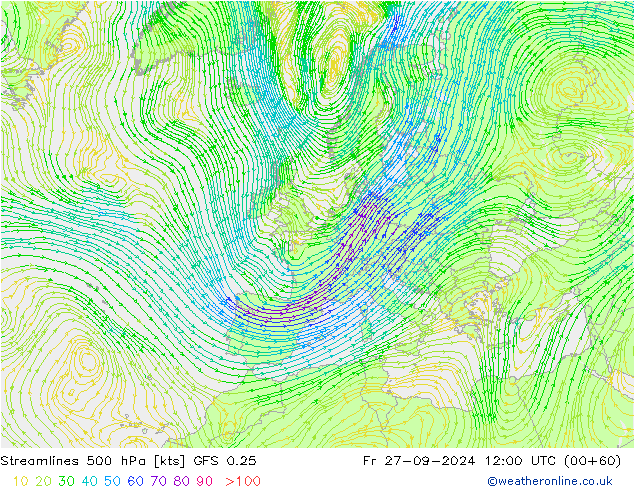 Linea di flusso 500 hPa GFS 0.25 ven 27.09.2024 12 UTC