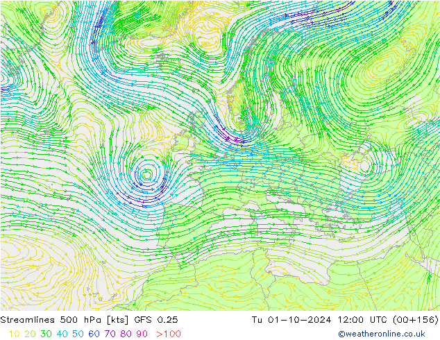 Linea di flusso 500 hPa GFS 0.25 mar 01.10.2024 12 UTC