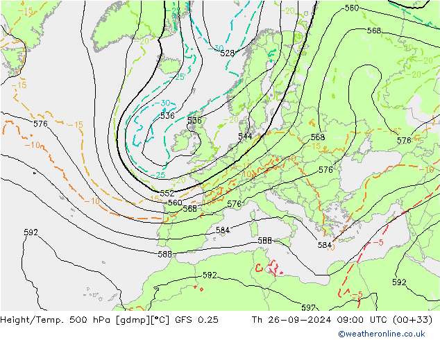 Z500/Rain (+SLP)/Z850 GFS 0.25 jeu 26.09.2024 09 UTC