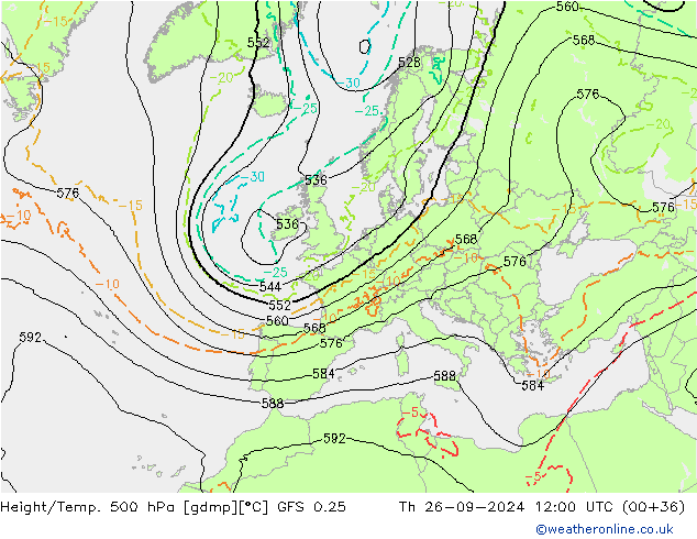 Z500/Rain (+SLP)/Z850 GFS 0.25 jeu 26.09.2024 12 UTC